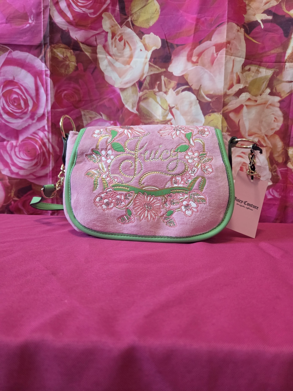 Juicy Couture Pink & Green Embroidered Crossbody Bag